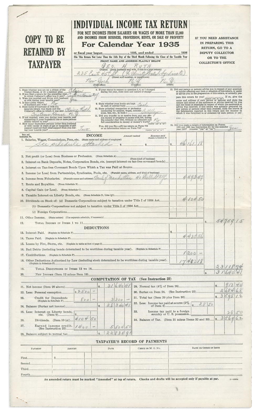 - 1935 Babe Ruth Federal Income Tax Return - His Final Year As A Player