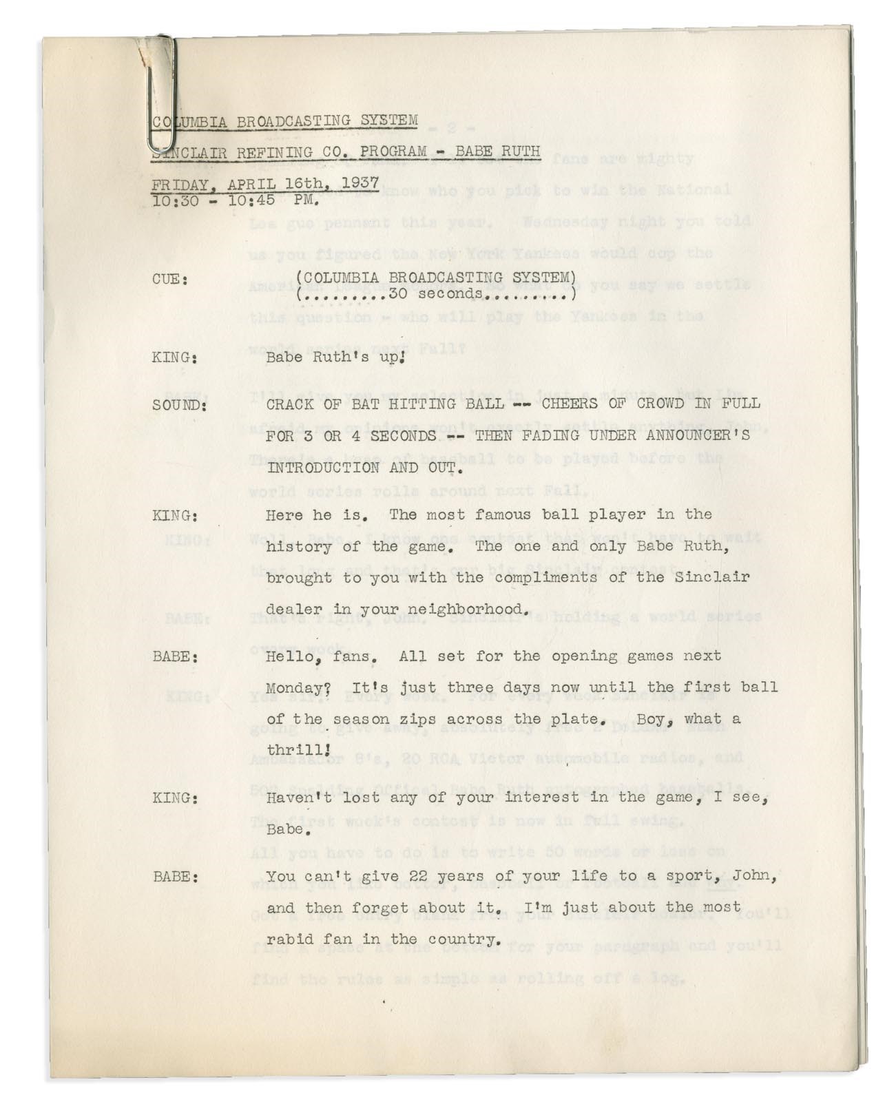 Collection Of Babe Ruth's Right Hand Man - 1937 Babe Ruth's Personal Sinclair Oil Radio Scripts