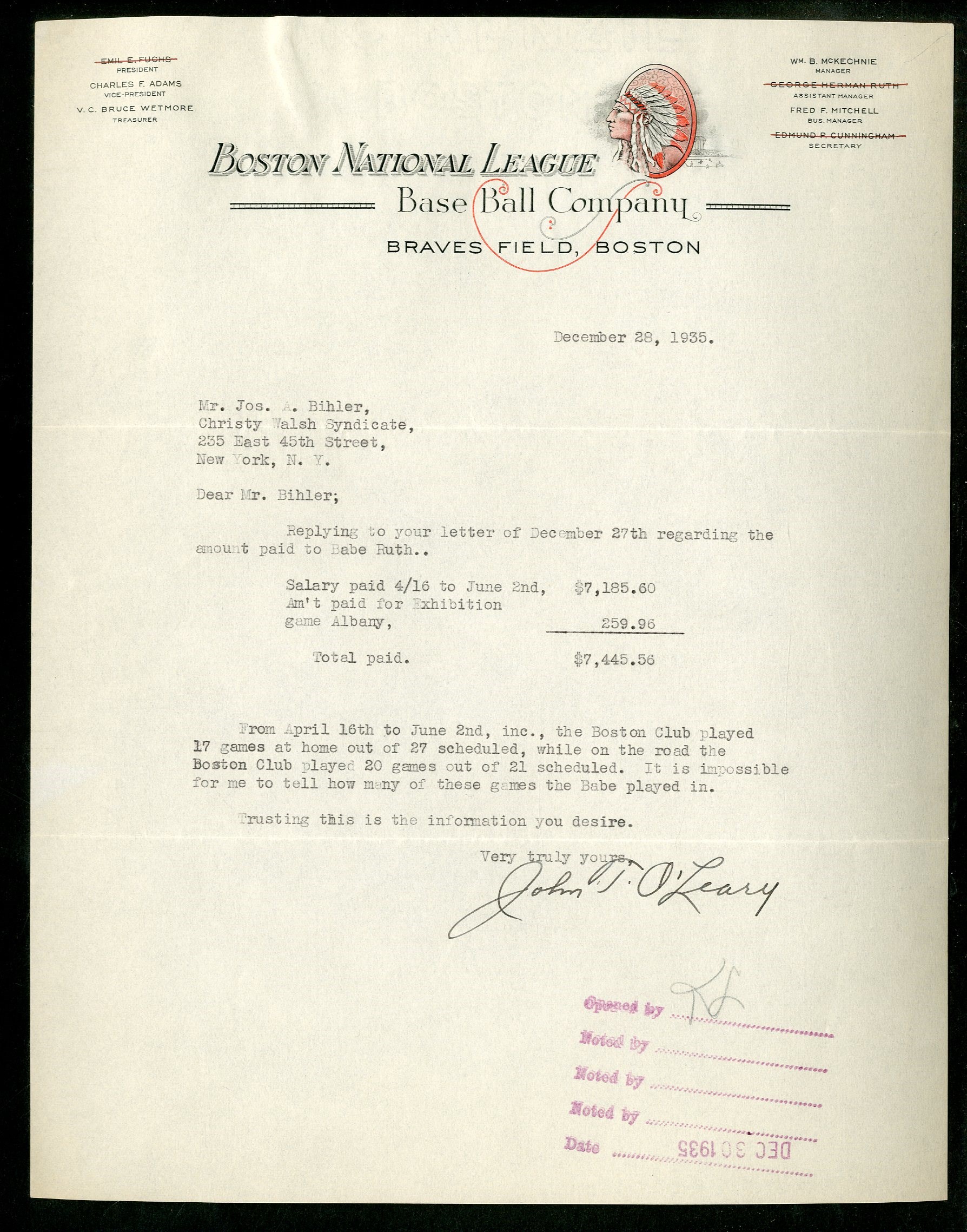 Collection Of Babe Ruth's Right Hand Man - 1935 Babe Ruth "Ripped Off" by Boston Braves Letter