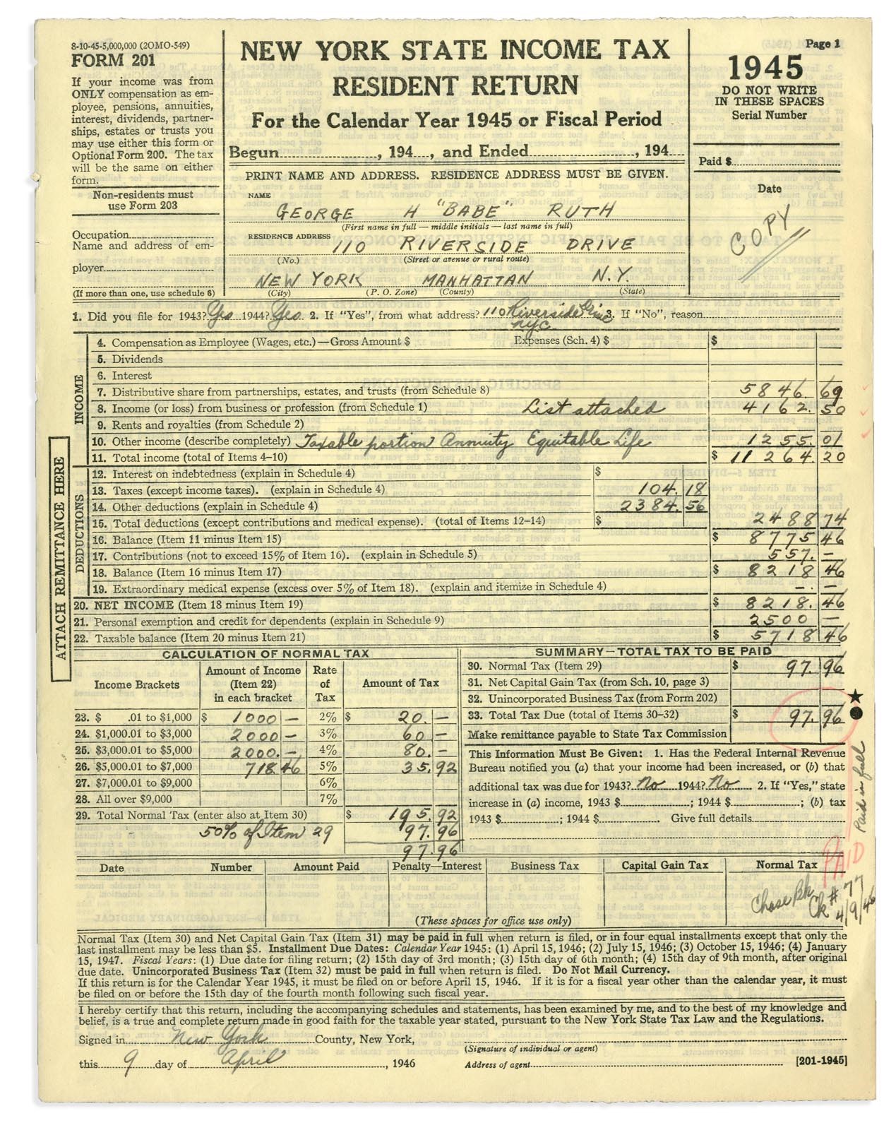 1945 Babe Ruth N.Y. State Income Tax Return