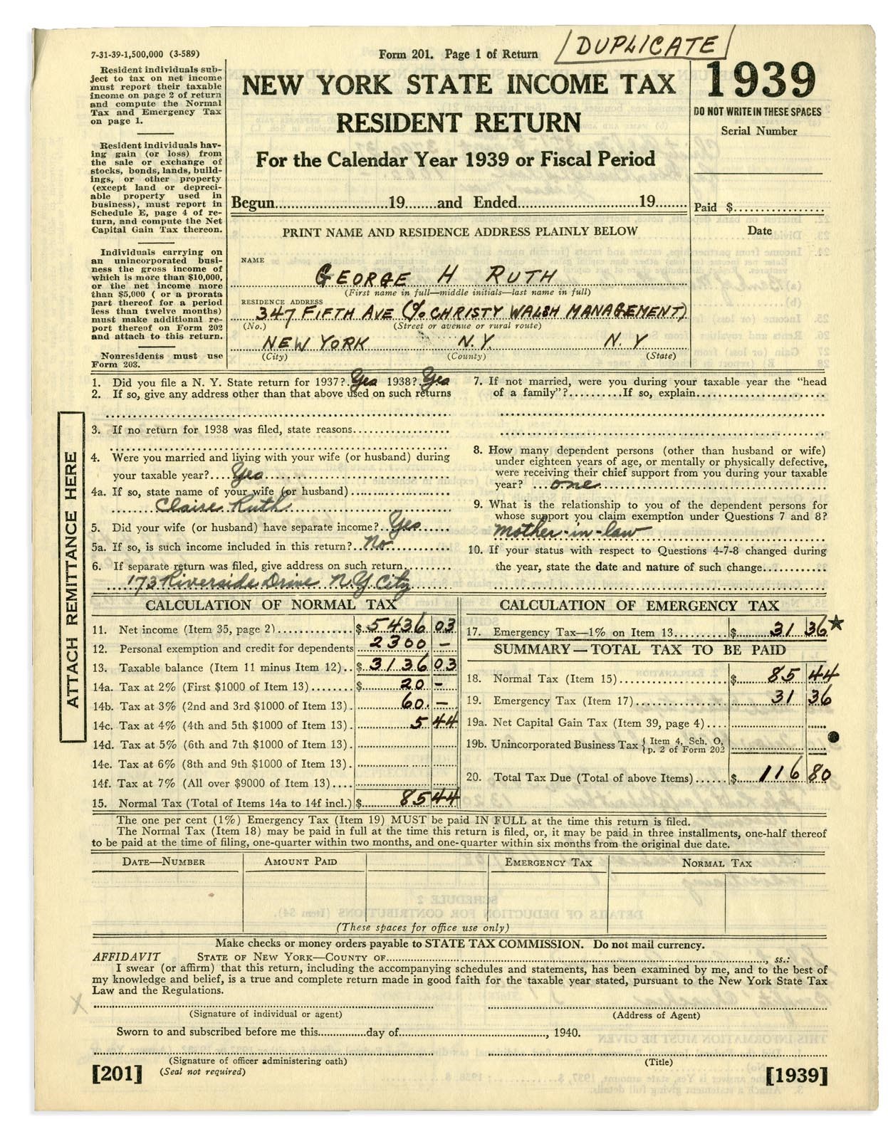 Babe Ruth 1939 N.Y. State Income Tax Return - Year of Cooperstown Opening