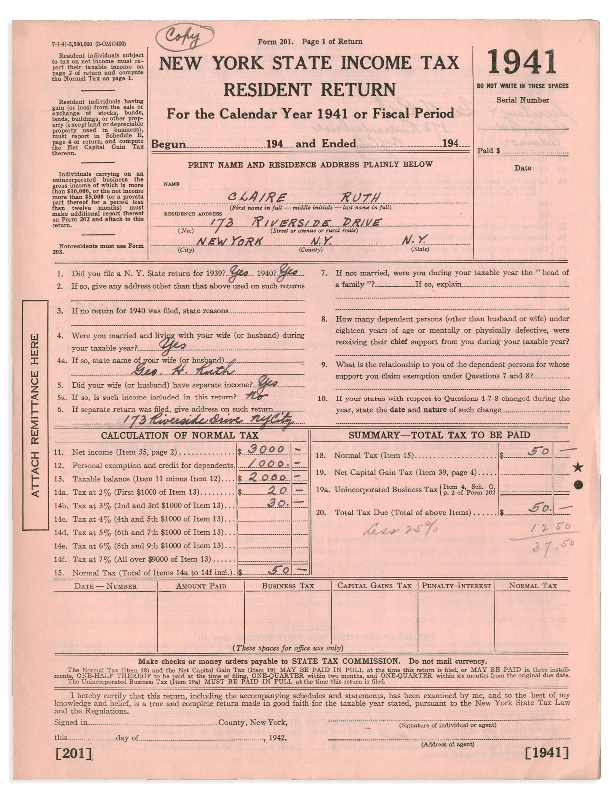 Collection Of Babe Ruth's Right Hand Man - 1939-41 Claire Ruth N.Y. State Income Tax Returns (3)