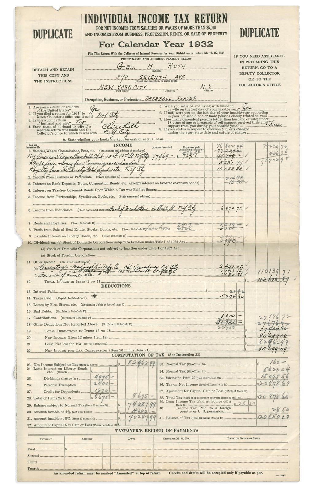 1932 Babe Ruth Federal Income Tax Return - Year of The "Called Shot"