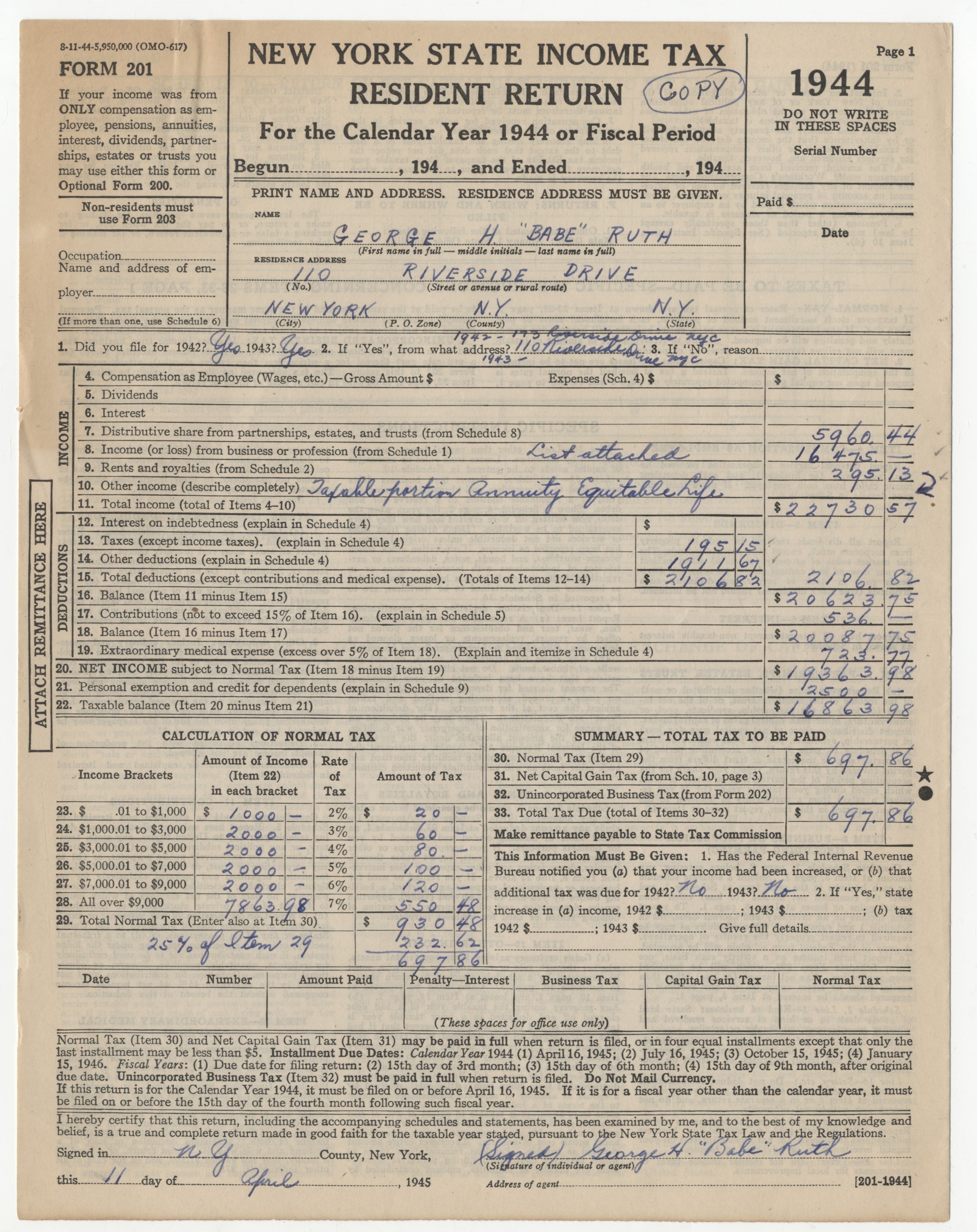 Ruth and Gehrig - 1944 Babe Ruth NY State Income Tax Return (Ghost Signed)