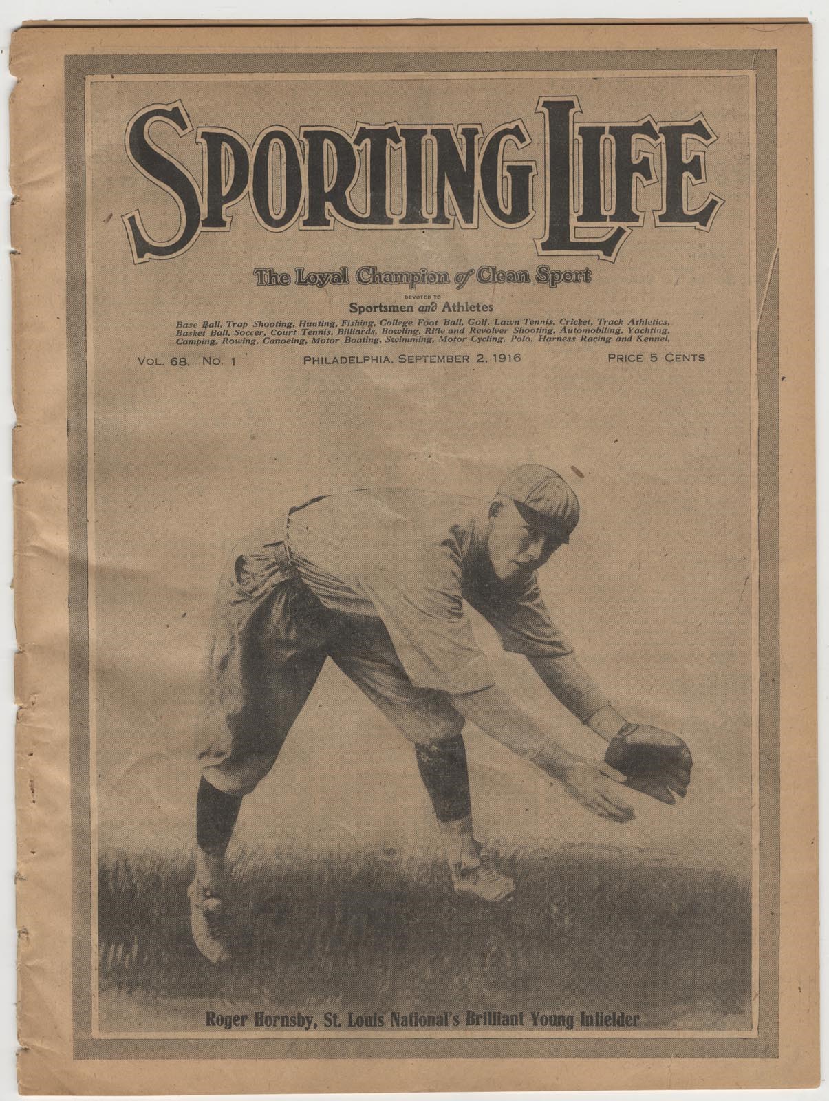 Tickets, Publications & Pins - 1916 Sporting Life Rogers Hornsby "ROOKIE" Cover Issue