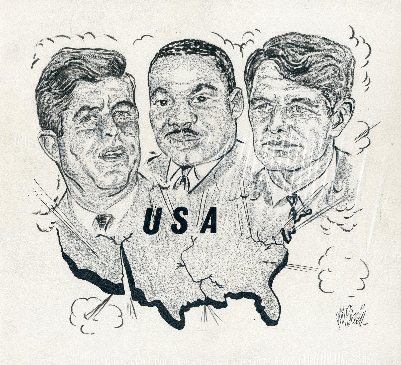 - 1968 JFK, MLK, RFK Original Cartoon Art by Phil Bissell