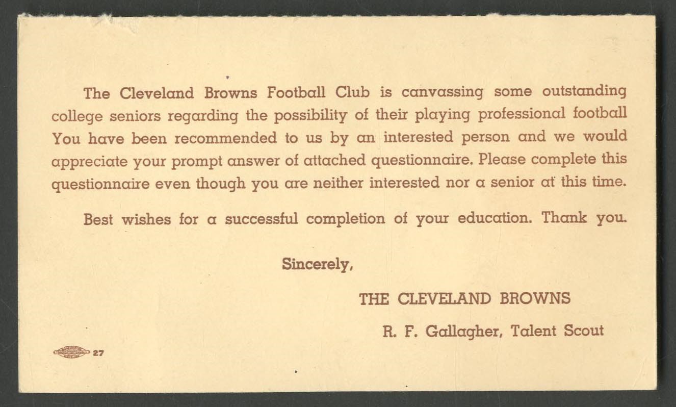 - 1961 Ernie Davis Recruitment Postcard from the Cleveland Browns