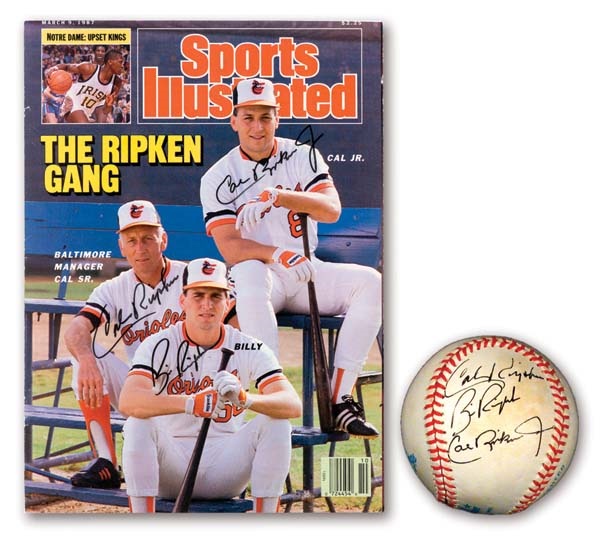 Sports Autographs - The Three Ripkens Signed Baseball & Sports Illustrated Cover