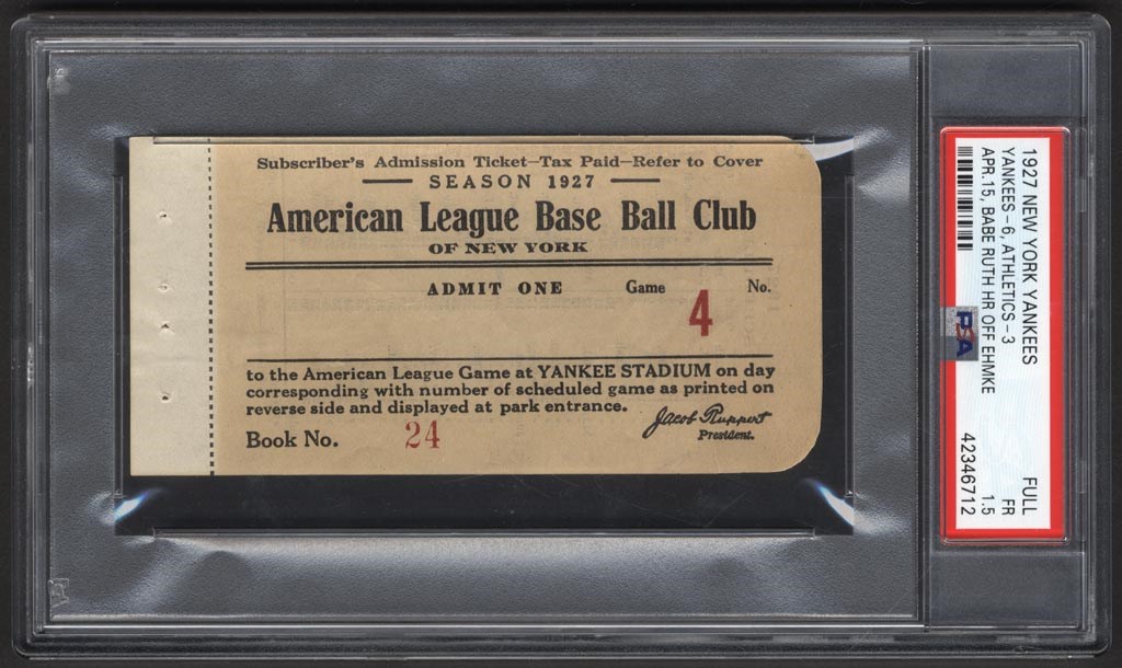 Ruth and Gehrig - 1927 Babe Ruth First Home Run of the Season Full Ticket (PSA)