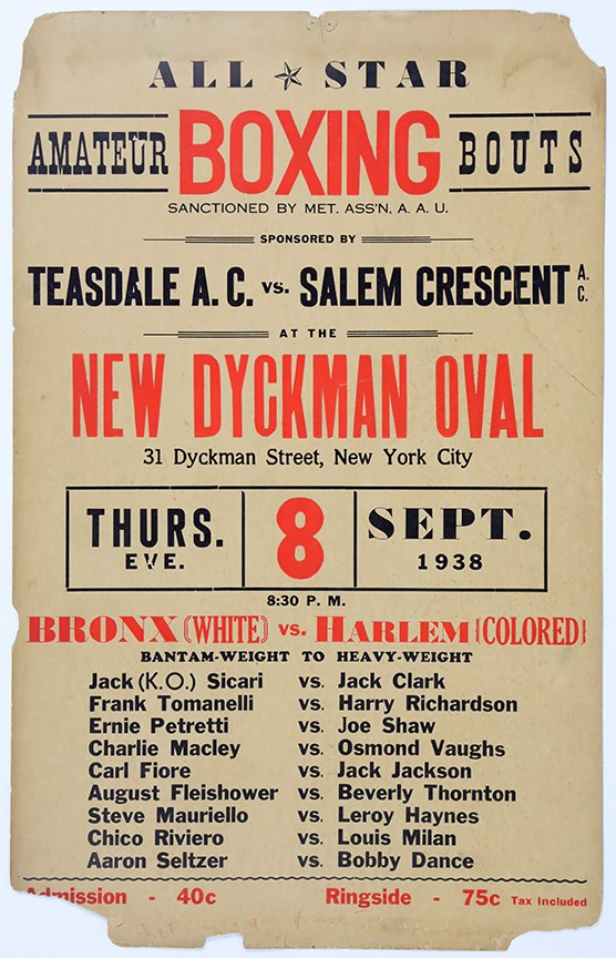 1938 "Bronx Whites vs Harlem Coloreds" Boxing Poster