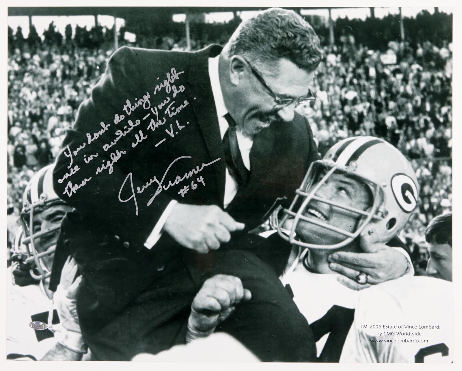 - Jerry Kramer with Vince Lombardi Signed Inscribed Quote Photograph (Steiner COA)