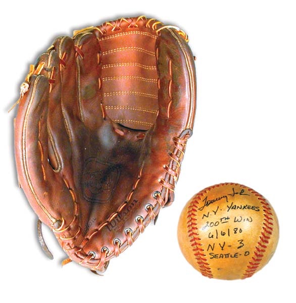 Early 1980's Tommy John Game Worn Glove and 200th Win Ball