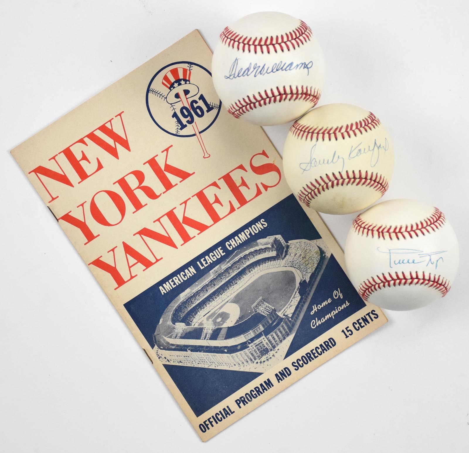 Koufax, Mays and Williams Signed Ball Collection w/ 1961 Yankee Scorecard (SGC)