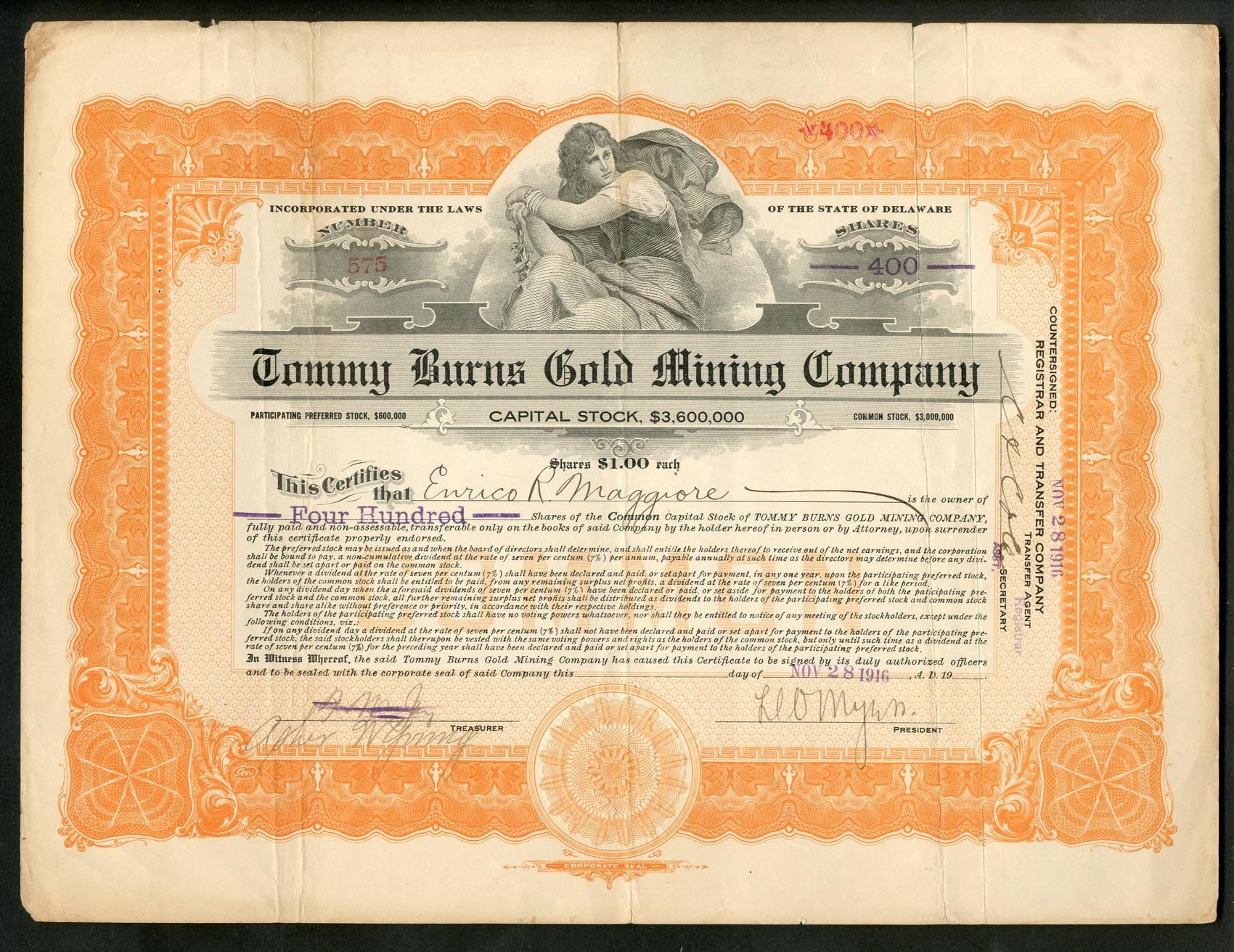 1916 Tommy Burns Gold Mining Company Stock Certificate-