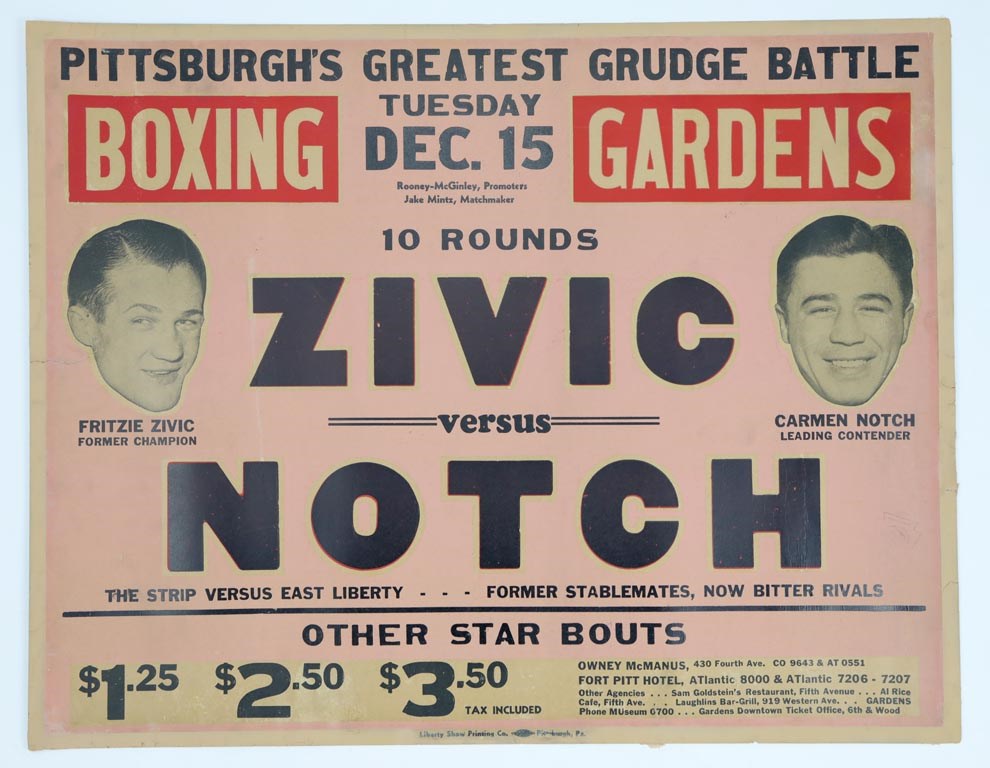 Baseball Memorabilia - 1942 Pittsburgh's Greatest Grudge Battle Site Poster -Fritzie Zivic v. Carmen Notch