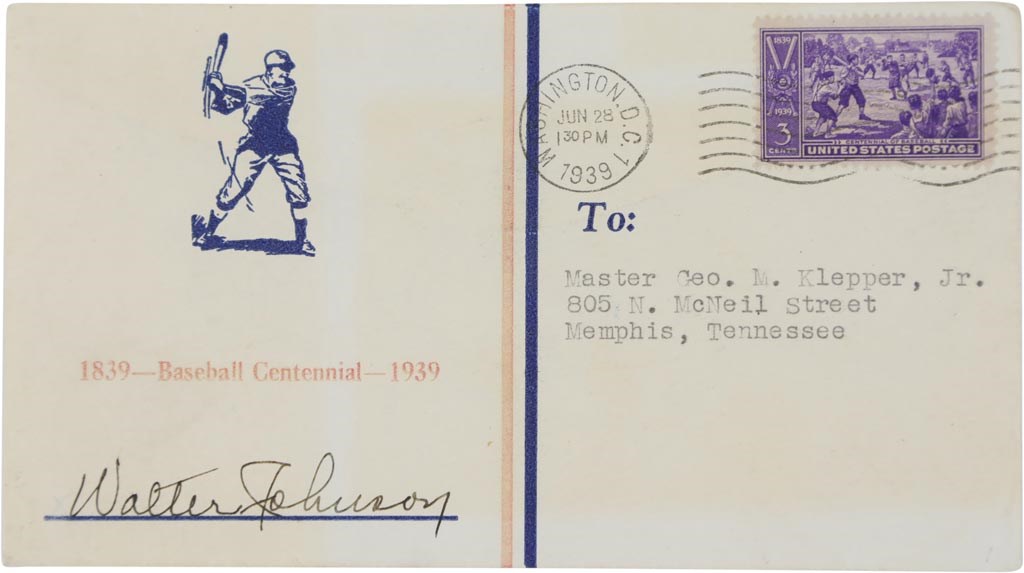 Baseball Autographs - 1939 Walter Johnson Signed Baseball Centennial First Day Cover (PSA MINT 9)