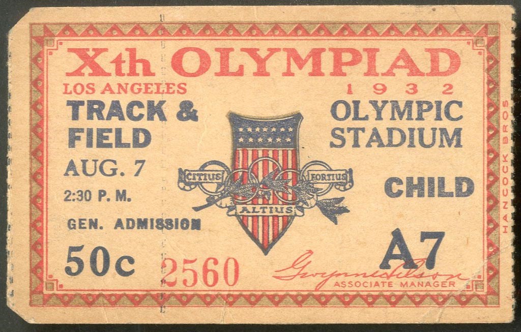 - 1932 Los Angeles Olympiad Childs Admission Ticket
