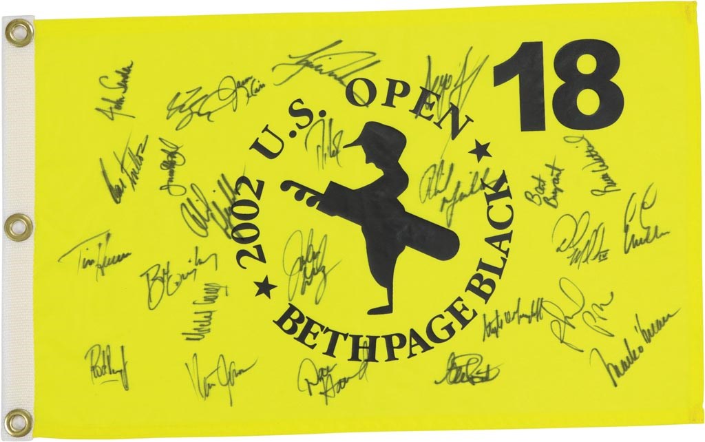 Olympics and All Sports - 2002 U.S. Open Multi-Signed Flag with Tiger Woods