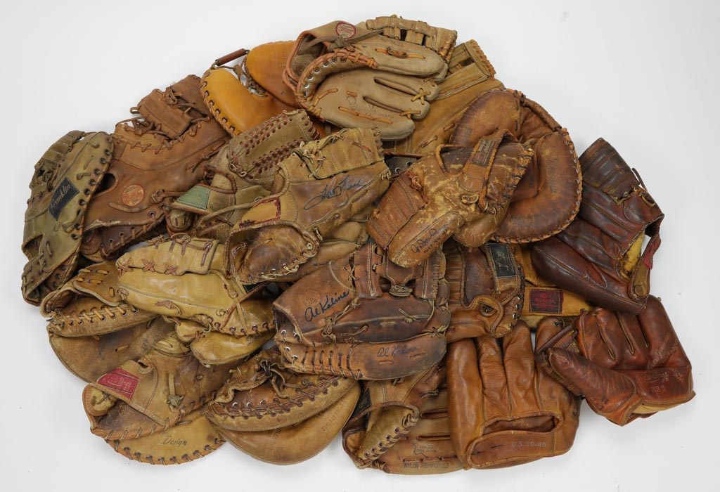 Baseball Memorabilia - Sporting Goods "Store Rack" of Gloves with Autographs (20)