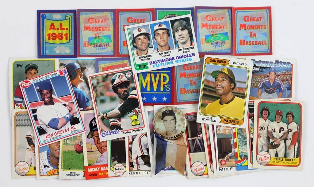 1970s-80s Baseball Cards and Inserts w/Joe DiMaggio Pin (35+)