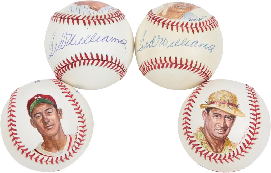 Boston Sports - Four Ted Williams Hand-Painted Baseballs by Ron Lewis - Two Signed