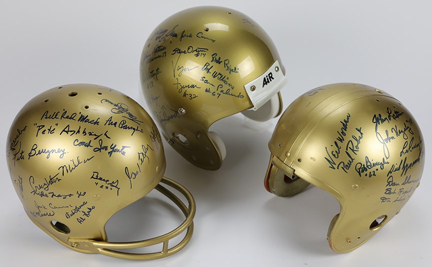 Football - Notre Dame Signed Greats Helmet Trio and Pennant