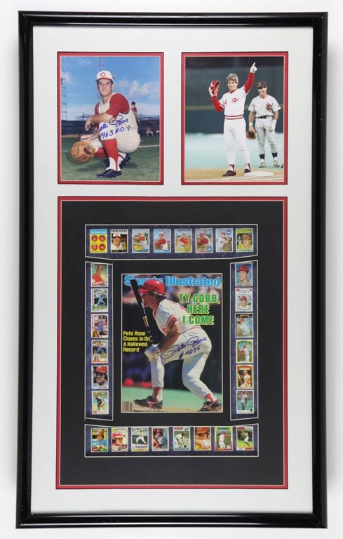 Pete Rose & Cincinnati Reds - Pete Rose Career Accomplishments Signed Photograph and Sports Illustrated Display