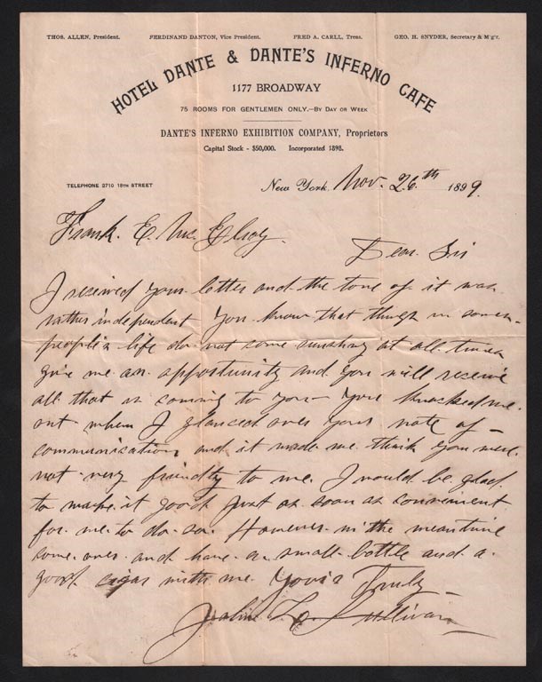 Muhammad Ali & Boxing - 1899 John L. Sullivan Handwritten & Signed Letter (PSA)