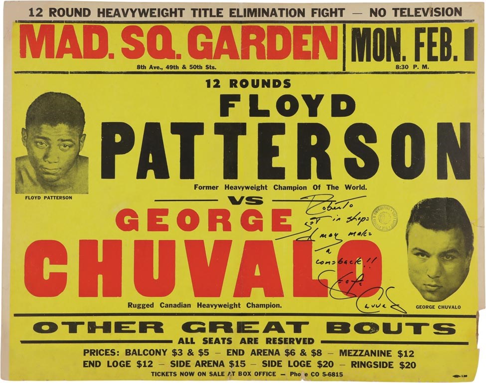 Muhammad Ali & Boxing - 1965 Floyd Patterson vs. George Chuvalo Signed On-Site Fight Poster (PSA)