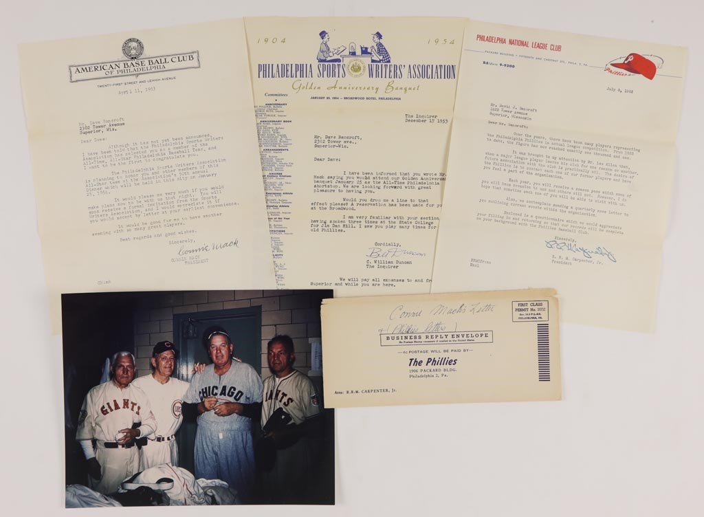 Baseball Memorabilia - Connie Mack Letter Electing Dave Bancroft All Time All Star + More (5)