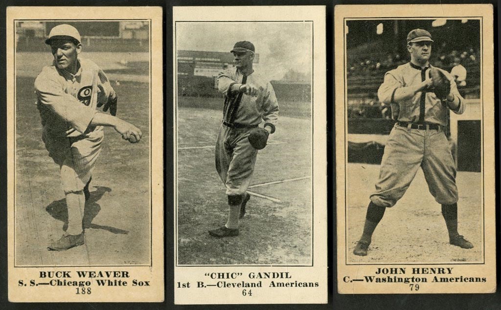 Baseball and Trading Cards - 1916 M101-4/5 Sporting News Trio with Blank Backs - Gandil, Weaver and Henry