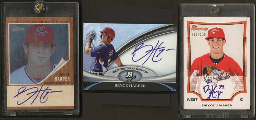 Baseball and Trading Cards - 2009 Aflac, 2011 Topps Heritage & 2011 Bowman Platinum Bryce Harper Autographs (3)