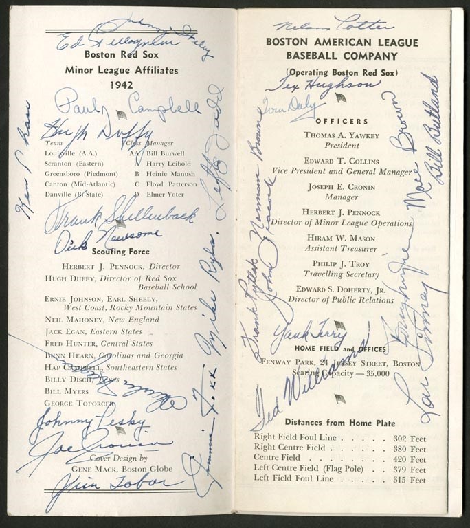 Boston Sports - 1942 Boston Red Sox Team Signed Player Roster (PSA)