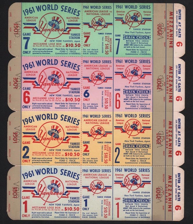 Tickets, Publications & Pins - 1961 World Series at Yankee Stadium Full Ticket Block