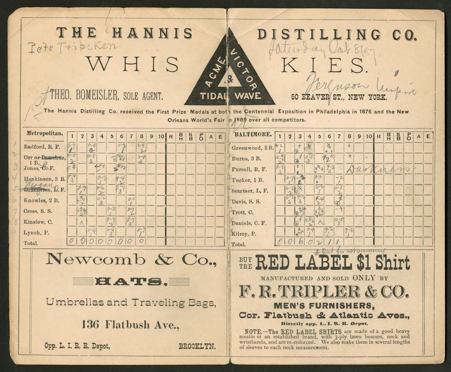 Early Baseball - 1887 Fan-Scored Scorecard Metropolitans vs. Baltimore