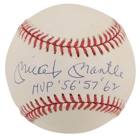 Mickey Mantle Single-Signed MVP Stat Baseball (PSA Graded NM-MT 8.5)