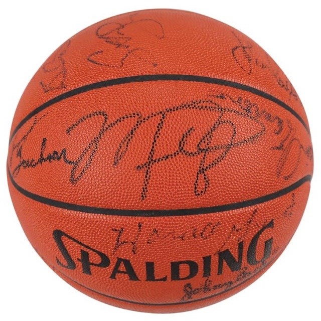 - 1990-91 World Champion Chicago Bulls Team Signed Basketball with Signed Photos of Players Signing