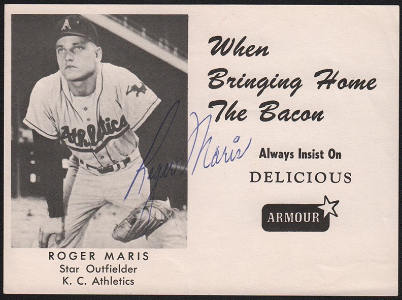 Mantle and Maris - 1959 Armour Meats Roger Maris Signed Promotional Card