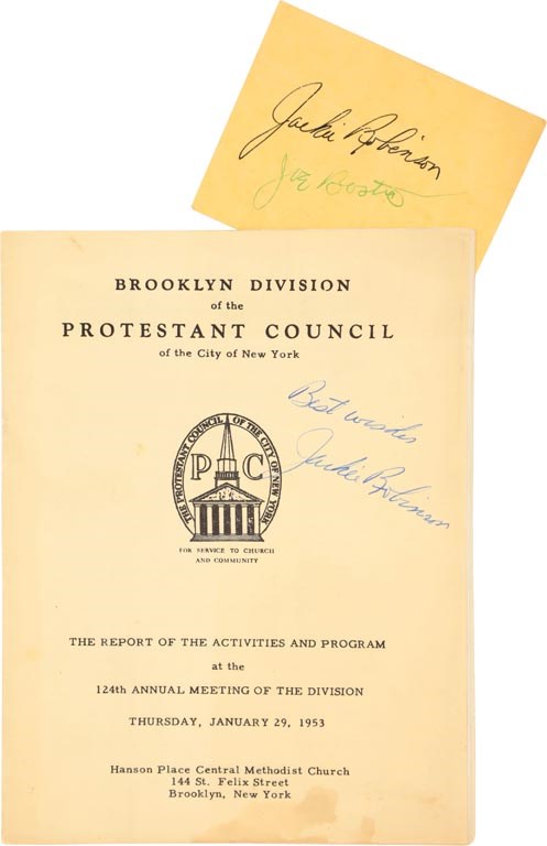 - 1953 Jackie Robinson Signed Church Program and Fellowship Card (PSA)