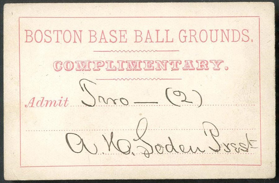 Early Baseball - 1870s Boston Red Stockings Baseball Ticket Signed by Arthur Soden