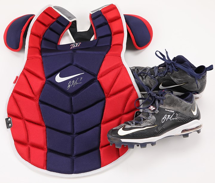- Joe Mauer Signed Game Worn Cleats and Chest Protector