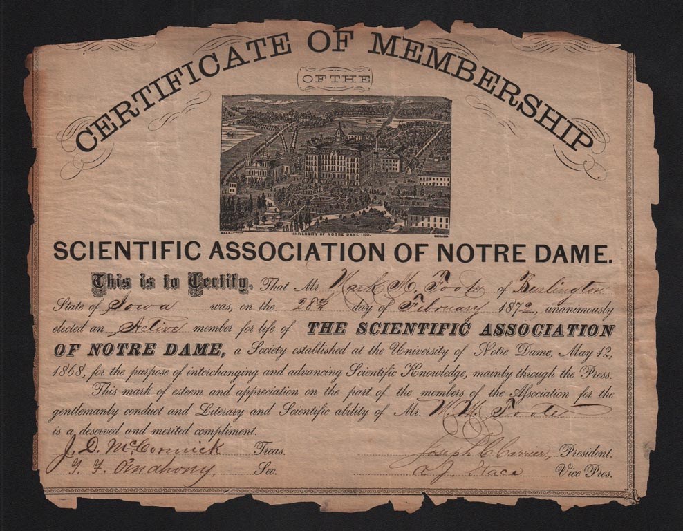 Cap Anson Notre Dame Collection - 1872 Scientific Association of Notre Dame Diploma