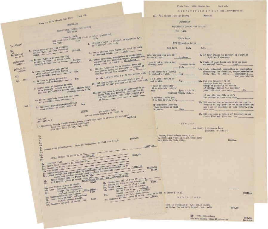 Collection Of Babe Ruth's Right Hand Man - Pair of Babe & Claire Ruth 1936 Income Tax Questionnaires (4 pages)