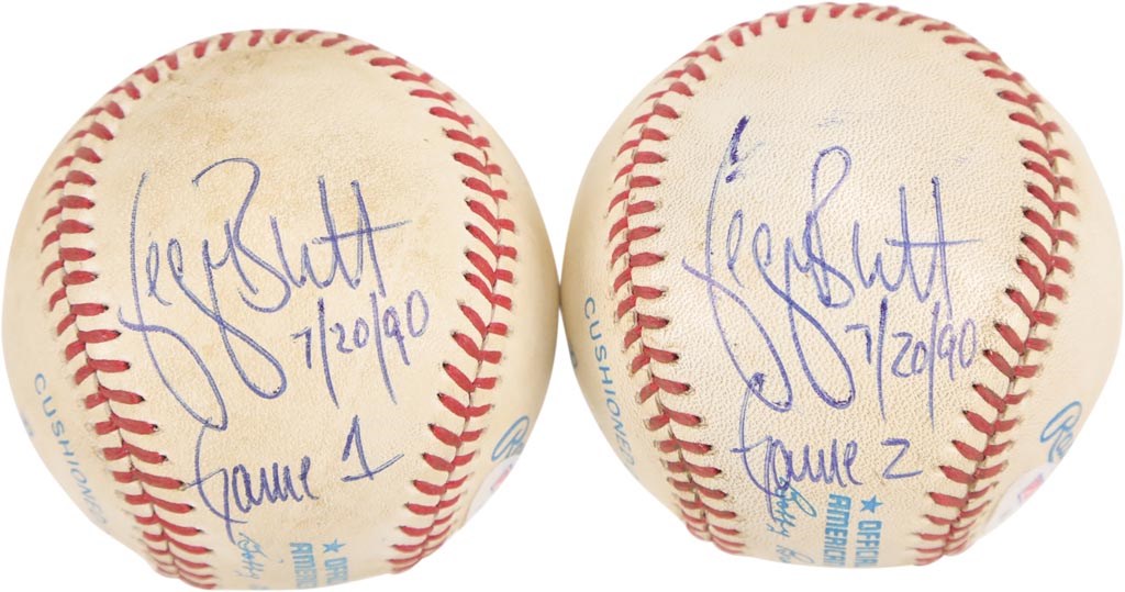 Baseball Equipment - Pair of 7/20/90 George Brett Signed Game Used Baseballs from Doubleheader (PSA)