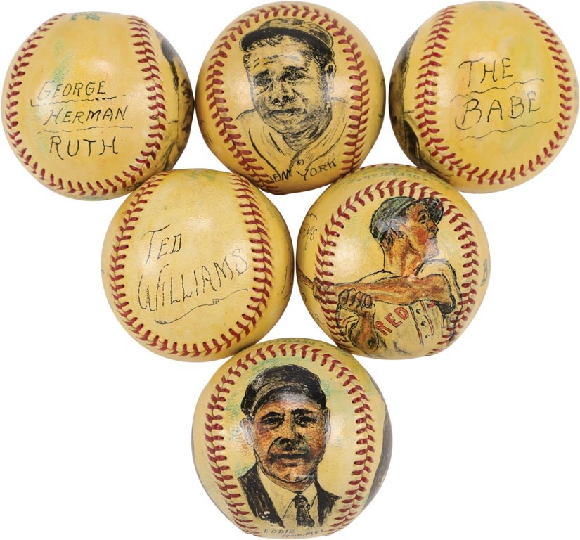 The Eddie Rommel Collection - Lot of 6 Hand-Drawn Portrait Baseballs by Doc Werner