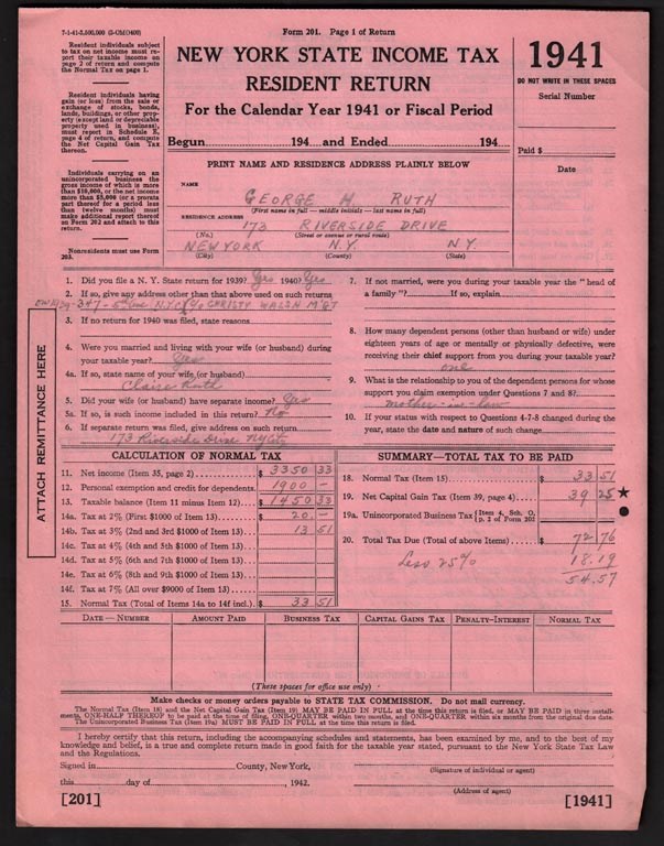 Collection Of Babe Ruth's Right Hand Man - 1941 Babe Ruth New York State Income Tax Return