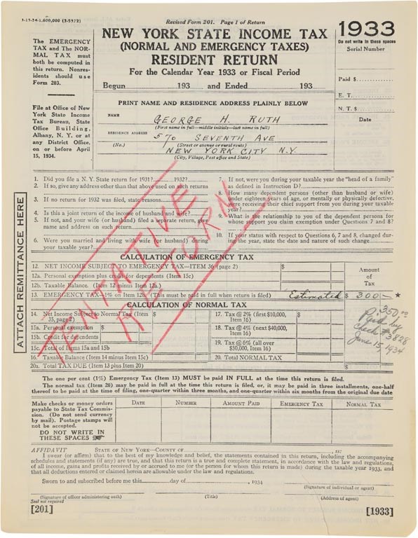 Collection Of Babe Ruth's Right Hand Man - 1933 Babe Ruth State Income Tax Return