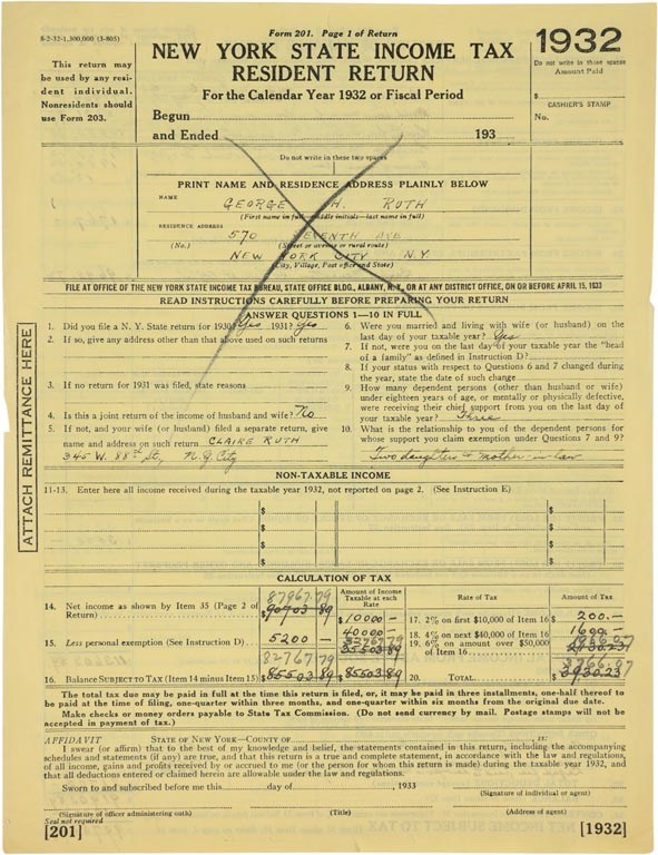 Collection Of Babe Ruth's Right Hand Man - 1932 Babe Ruth New York State Income Tax Return