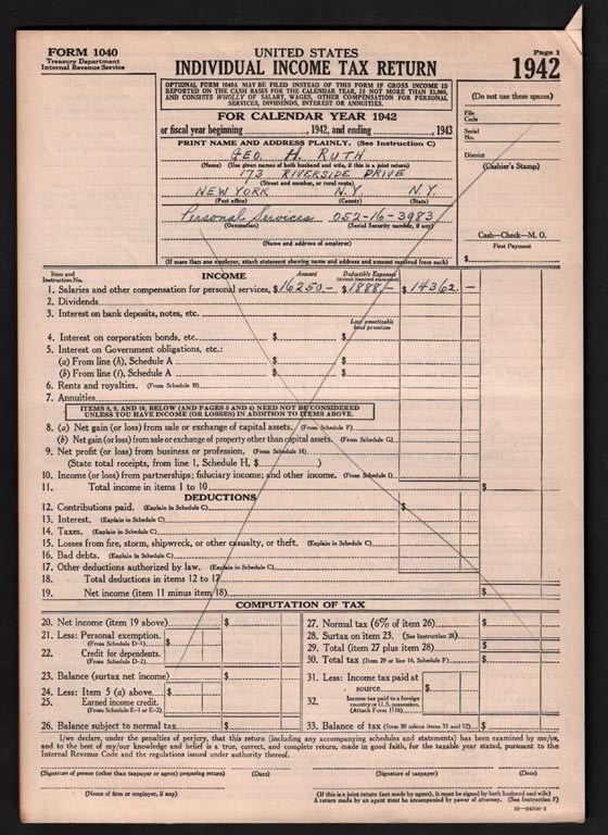 Collection Of Babe Ruth's Right Hand Man - 1942 Babe Ruth Federal Income Tax Return w/Social Security Return