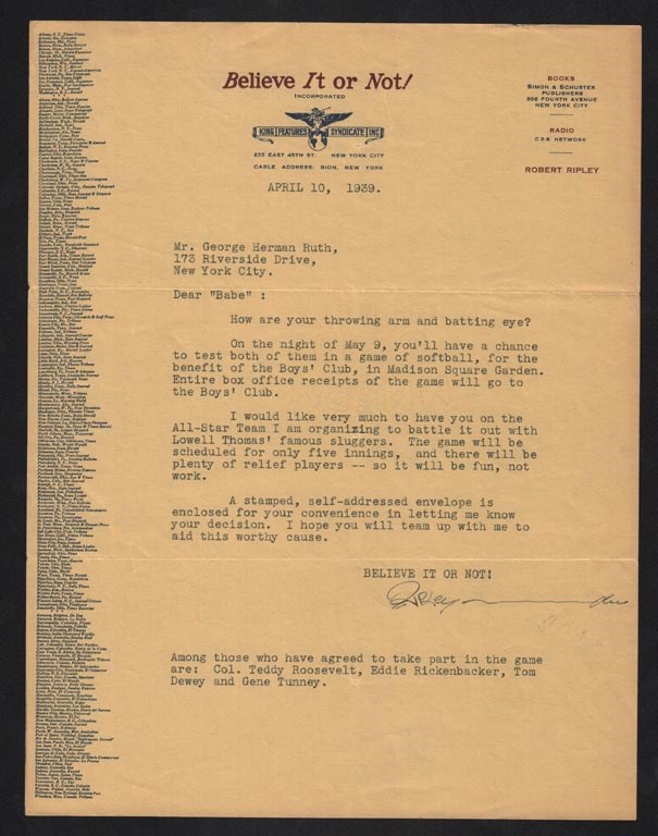 1939 Robert Ripley Letter to "George Herman Ruth" (PSA)
